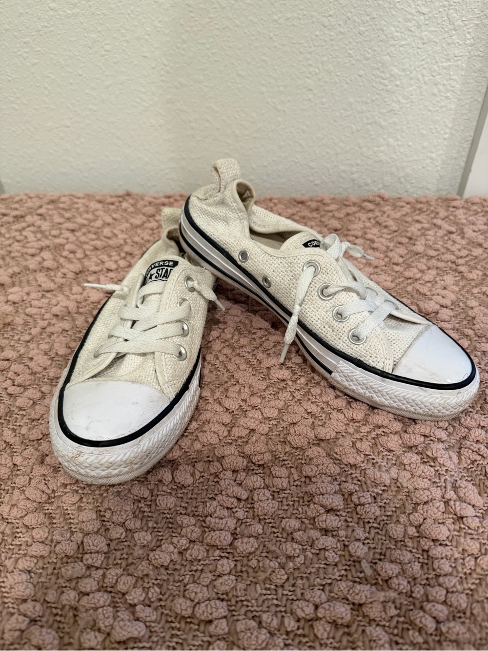 Converse Low Top Canvas Sneakers in Off-White with Black Trim